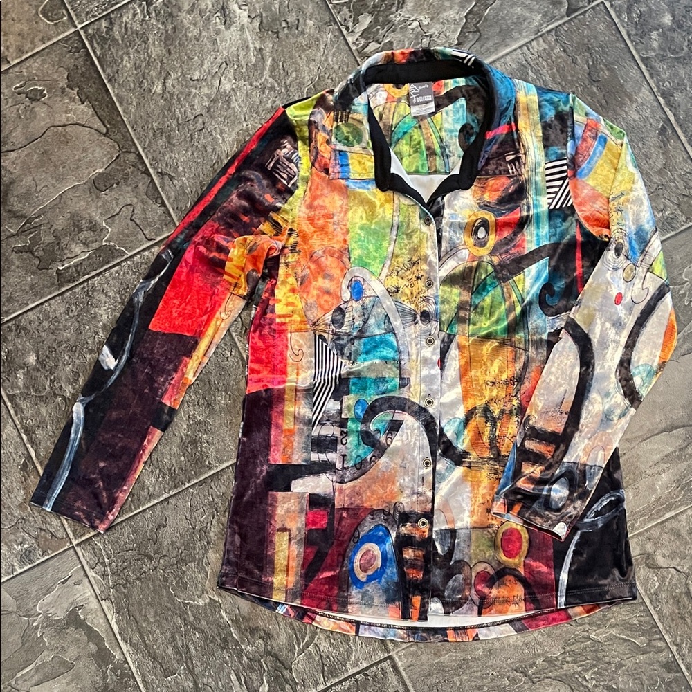 SIMPLY ART BY DOLCEZZA Ladies  Button-up Faux Velvet Shirt Boho Avant Garde